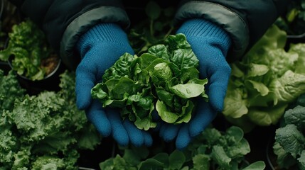 Wall Mural - Freshly picked lettuce held by hands in a vibrant garden setting