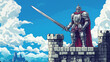© Gold - A fierce knight in gleaming silver armor wielding a massive sword, standing atop a castle wall, medivel game character, pixel art style