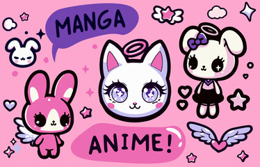 Aufkleber - Big set of anime cartoon stickers with funny cute comic characters and animals on a pink background. Contemporary illustration with designs for tattoos and patches.