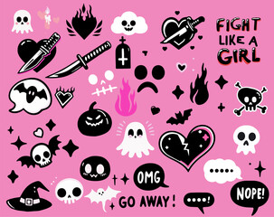 Aufkleber - Mega set of cartoon stickers with funny comic illustrations of lips, skulls, ghosts and other cute doodles. A modern collection of tattoos and patches.