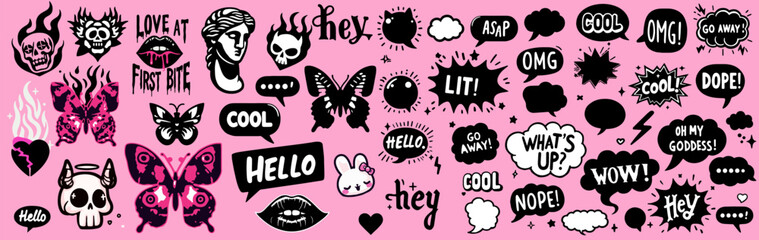 Aufkleber - Mega set of cartoon stickers with funny comic illustrations of lips, hearts, speech bubbles and other cute doodles. A modern collection of tattoos and patches.