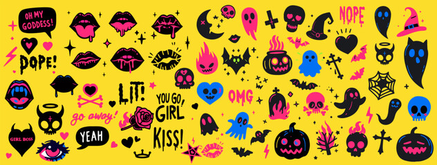 Aufkleber - Mega set of cartoon stickers with funny comic illustrations of lips, skulls, ghosts and other cute doodles. A modern collection of tattoos and patches.
