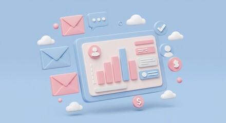 Poster - 3D tablet displaying a business analytics dashboard with bar charts, user icons, and text boxes in pastel pink and blue tones