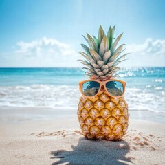 Aufkleber - Cheerful pineapple wearing sunglasses enjoying a sunny day by the ocean at the beach. Generative AI