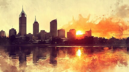 Wall Mural - Dramatic Sunset Over Urban Skyline Reflected in Tranquil Water
