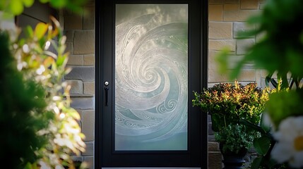 Wall Mural - A back door with a frosted glass panel etched with an abstract spiral design 