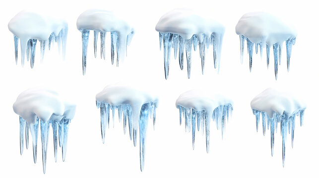 Snow caps set, icicles, snowballs and snowdrifts isolated on white background 3d rendering. Sunweave. Illustration