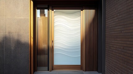 A back door with a frosted glass panel in the shape of a geometric wave 