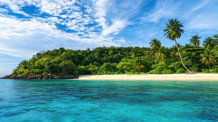 Tropical island beach paradise; clear water, palm trees, sunny sky