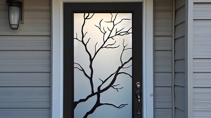 Wall Mural - A back door with a frosted glass panel shaped like a tree branch 