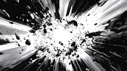 Poster - Abstract monochrome image depicting a high-speed explosion with debris radiating outwards from a bright center.