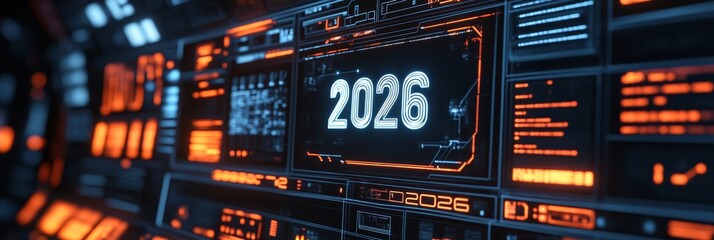 Poster - Futuristic Technology Interface With Digital Display Showing The Year 2026 In Orange And Blue
