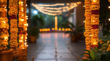 Poster - Festive entrance decorated with marigold garlands and string lights, creating a warm and inviting atmosphere.