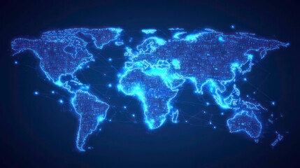 Fototapete - Glowing blue digital world map with connecting lines.