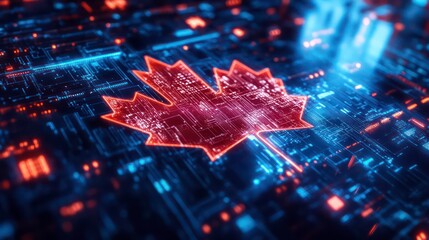 Fototapete - Glowing maple leaf on a circuit board, symbolizing Canadian technology.