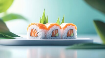 Poster - Three pieces of fresh salmon sushi rolls on a plate with green leaves.