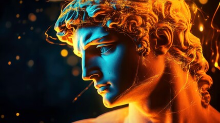 Poster - Dramatic close-up of a sculpted male bust, illuminated with vibrant orange and blue light, sparks and bokeh in the background.