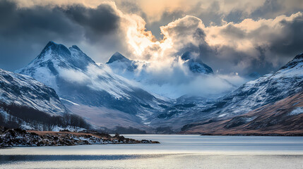 Poster - A snowy mountain range with a lake surrounded by snow covered mountains in the foreground and a cloudy sky in the background, with a few clouds in the foreground. generative ai. Sunweave. Illustration