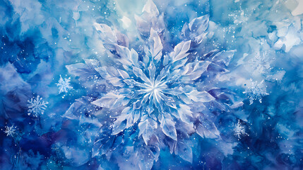Wall Mural - Abstract snowflakes and snow on watercolor background, pastel blue color palette. Sunweave. Illustration
