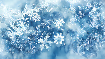 Wall Mural - Abstract snowflakes and snow on watercolor background, pastel blue color palette. Sunweave. Illustration