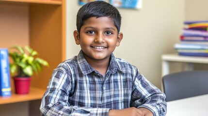 A young boy is sitting at a desk with a smile on his face. He is wearing a plaid shirt and he is happy