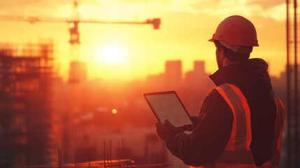 Poster - Construction worker reviewing plans on tablet at sunset.