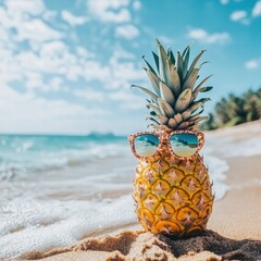 Poster - Cheerful pineapple wearing sunglasses enjoying a sunny day at the beach by the sea with gentle waves and palm trees. Generative AI