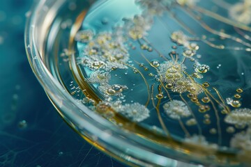 Poster - close up of a petri dish showing bacterial colonies growing on a culture medium, used for scientific