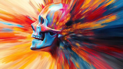 Poster - Colorful skull exploding with vibrant paint splashes.