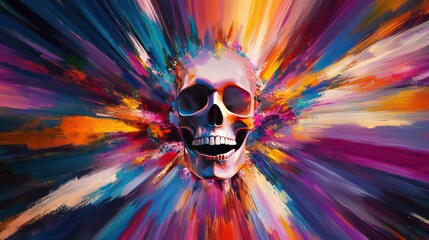 Poster - Colorful skull in vibrant paint explosion.
