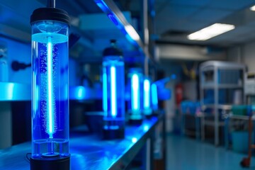 Poster - glass flask containing blue solution bubbling in modern research laboratory