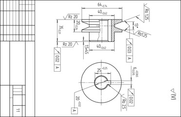 Wall Mural - Assembly drawing of pulley (roller) of electrical reducer. Vector design of steel mechanical device with dimension lines. Engineering technic computer cad scheme on paper sheet. Hand drawn sketch.