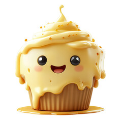 Wall Mural - Cute smiling cupcake with yellow frosting and playful expression on a white background isolated on transparent background