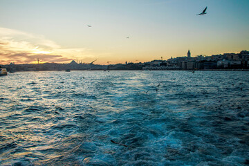 Wall Mural - Bosphorus and the historical silhouette of Istanbul  at sunset