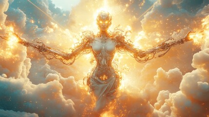 Poster - Futuristic figure embodies transformation with radiant energy amid ethereal clouds at sunset. Generative AI
