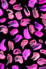 Wall Mural - Purple fuchsia creamy cosmetic product swatch set palette. Lipstick sample on black isolated background