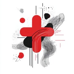 Fototapete - Prominent red cross abstraction with dynamic shapes and lines in a modern artistic style. Generative AI
