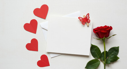 Poster - A white valentine's day post card or greeting card on a white background surrounding the card are red paper hearts butterfly and a red rose valentine's day card in an envelope