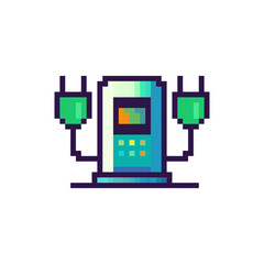 Poster - Pixel logo of a car charging station. Car charging with two plugs. Fast charging for an electric car. Smart charging for a car. Ecological charging. Vector illustration.