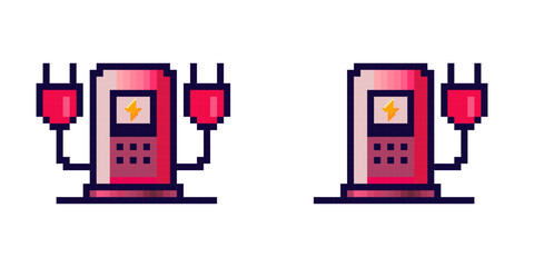 Poster - Pixel logo of a car charging station. Car charging with two plugs and with one. Fast charging for an electric car. Smart charging for a car. Ecological charging. Vector illustration.
