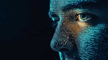 Aufkleber - Close-up profile of a man's face overlaid with a digital pattern, suggesting technology and identity.