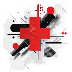 Leinwandbilder - Prominent red cross abstraction featuring geometric patterns and contrasting colors in a modern design. Generative AI