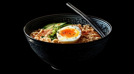 Aufkleber - Delicious ramen noodles in a bowl with egg, cucumber, and green onions.