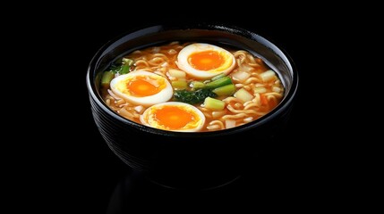 Poster - Delicious ramen noodle soup with three soft boiled eggs, vegetables, and broth in a black bowl on a black background.
