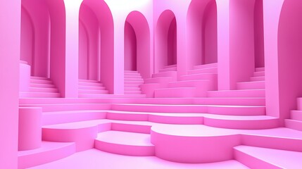 Wall Mural - Pink Architectural Wonderland: Immerse yourself in a dreamlike, monochromatic pink architectural space, featuring fluid staircases, arches, and columns, creating a surreal and stylish backdrop. 