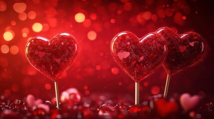 Poster - Three red heart-shaped lollipops on sticks, surrounded by smaller hearts against a bokeh background.