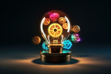 Poster - Colorful gears spinning inside a lightbulb, symbolizing the generation of innovative ideas and creative thinking