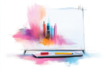 Leinwandbilder - A flat 2D illustration of a simple whiteboard with a marker tray, drawn with clean lines and soft pastel tones, set against a white background