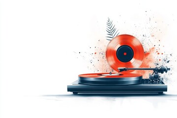 A flat 2D illustration of a vinyl record player with a glowing red light, set on a clean white background for a modern retro look