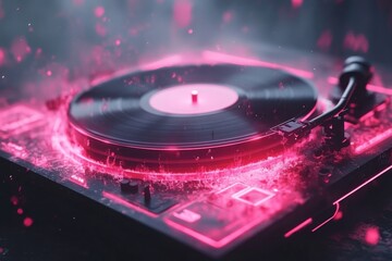 Poster - A gothic depiction of an old vinyl record player in a dark, dusty room, with faint glowing light emanating from the grooves of a spinning record